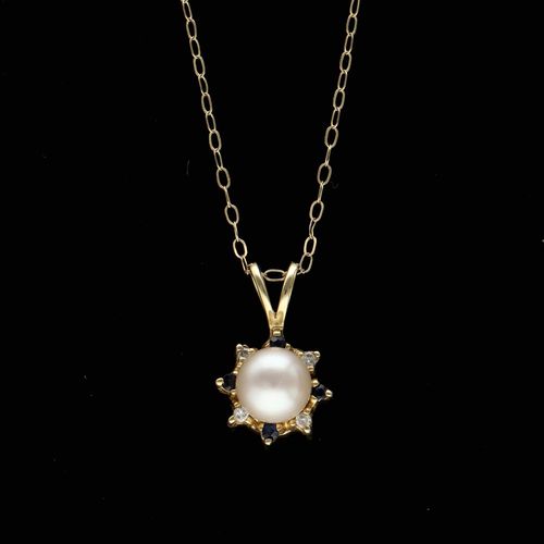 14k Gold Cultured Pearl Diamond and Sapphire Pendant Necklace image-1
