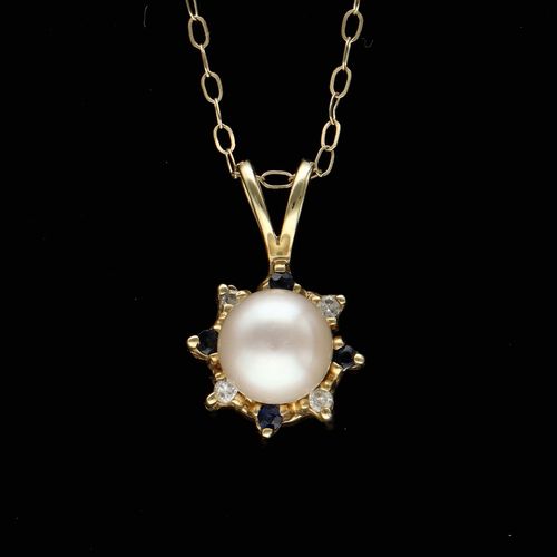 14k Gold Cultured Pearl Diamond and Sapphire Pendant Necklace image-3