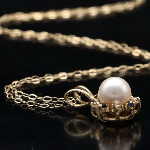 14k Gold Cultured Pearl Diamond and Sapphire Pendant Necklace image-2