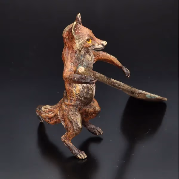 Franz Bergman Painted Bronze Figure of a Fox with Shovel