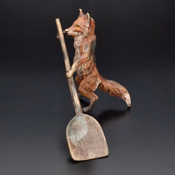 Franz Bergman Painted Bronze Figure of a Fox with Shovel