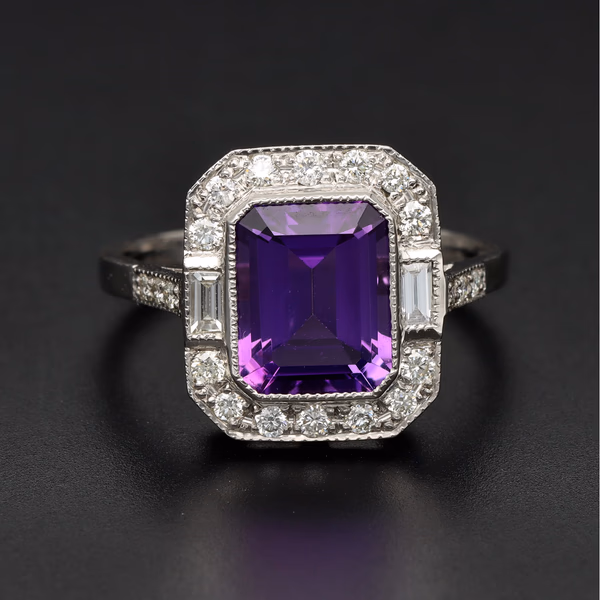 Platinum Diamond and Amethyst Ring