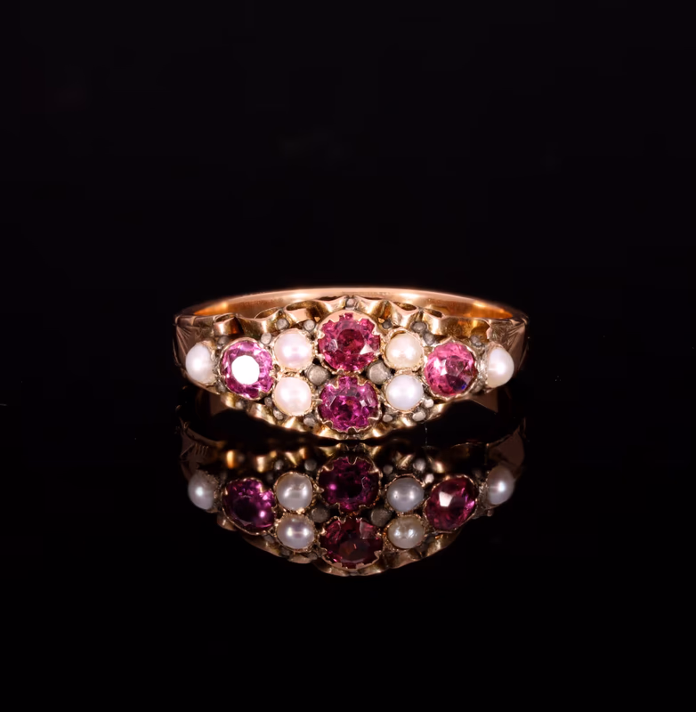 360° view of The Antique Victorian 1875 Almandine Garnet and Seed Pearl Ring