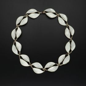 Silver & White Guilloche Enamel Double Leaf Necklace