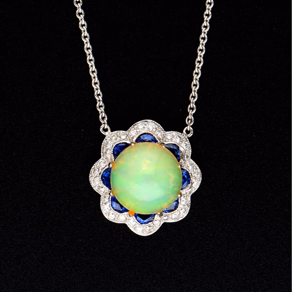 18ct White Gold Opal, Sapphire & Diamond Pendant Necklace