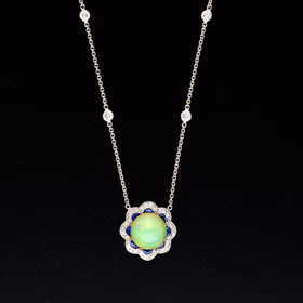 18ct White Gold Opal, Sapphire & Diamond Pendant Necklace