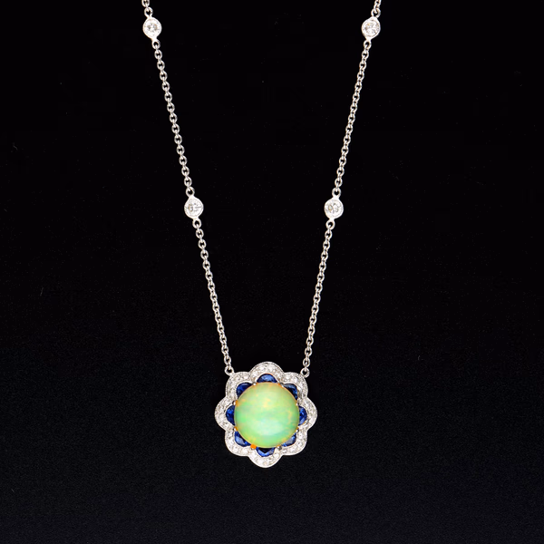 18ct White Gold Opal, Sapphire & Diamond Pendant Necklace