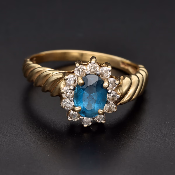 Large 14ct Yellow Gold Topaz & Diamond Halo Ring