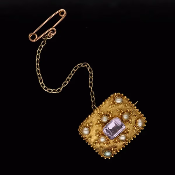 Victorian Gold Pearl and Amethyst Brooch