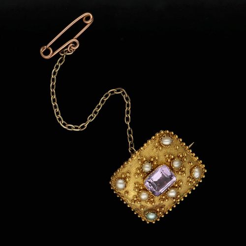 Victorian Gold Pearl and Amethyst Brooch image-1