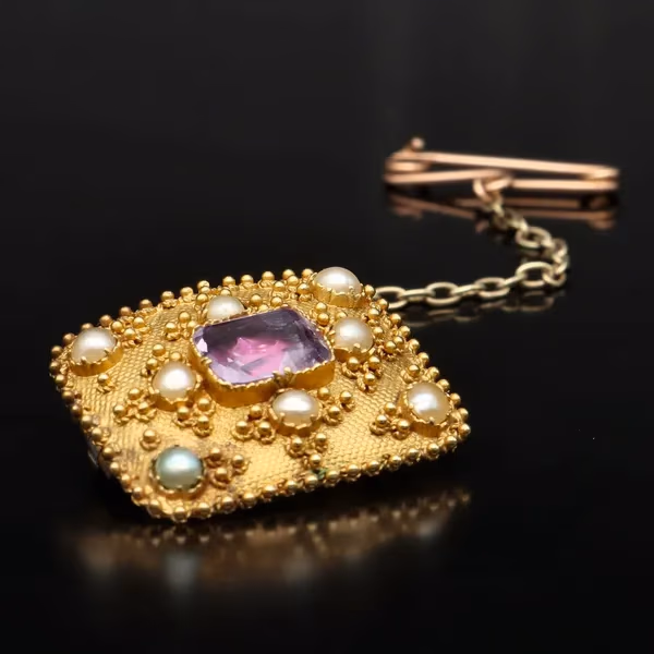 Victorian Gold Pearl and Amethyst Brooch