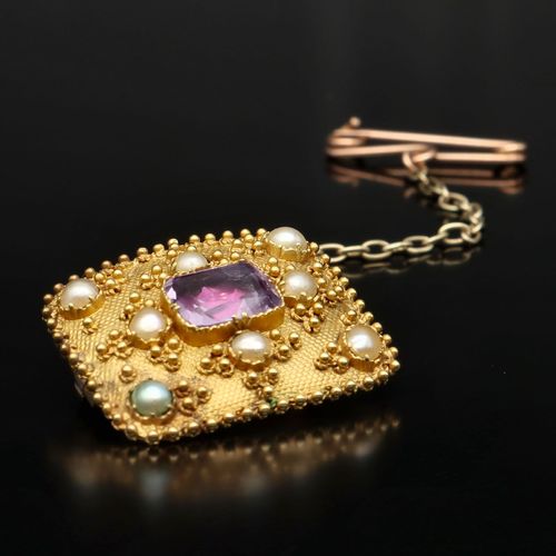 Victorian Gold Pearl and Amethyst Brooch image-3