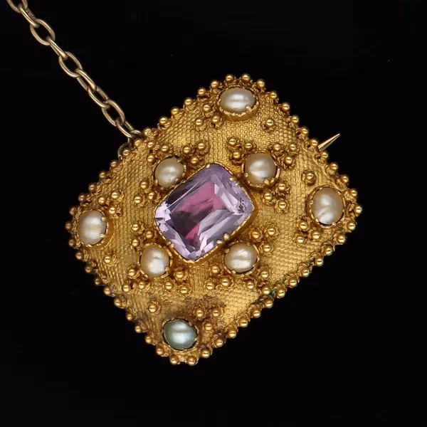 Victorian Gold Pearl and Amethyst Brooch