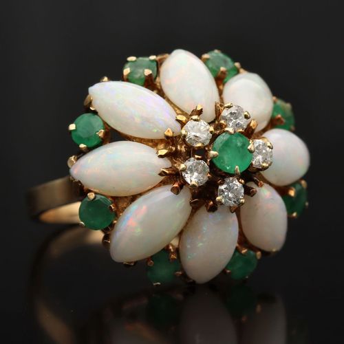 14ct Gold Opal Diamond and Emerald Ring image-1