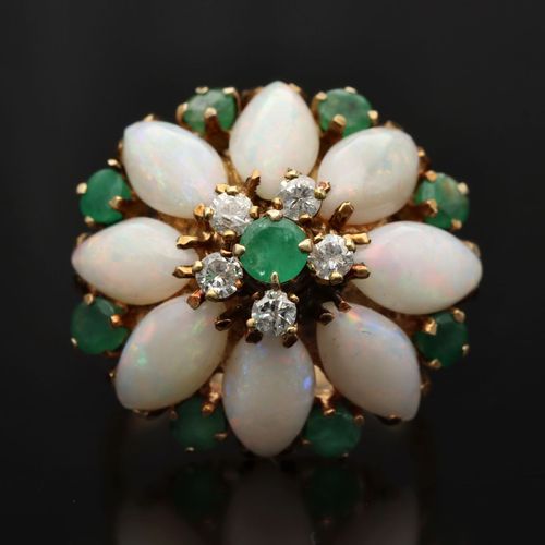 14ct Gold Opal Diamond and Emerald Ring image-2