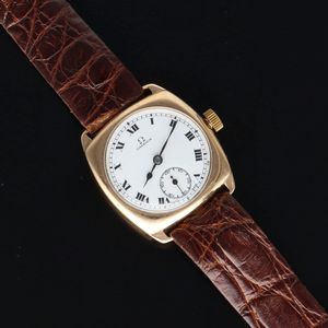 1930s 9ct Gold Cushion Cased Omega with a Porcelain Dial