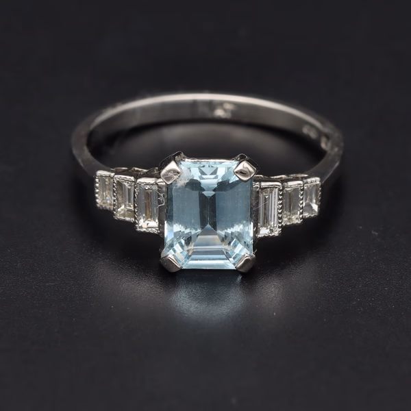 Platinum Aquamarine and Diamond Ring