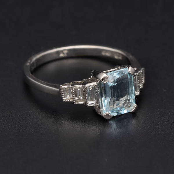Platinum Aquamarine and Diamond Ring