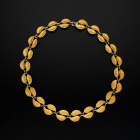 David Andersen Norwegian Vermeil Silver and Yellow Guilloche Enamel Double Leaf Necklace