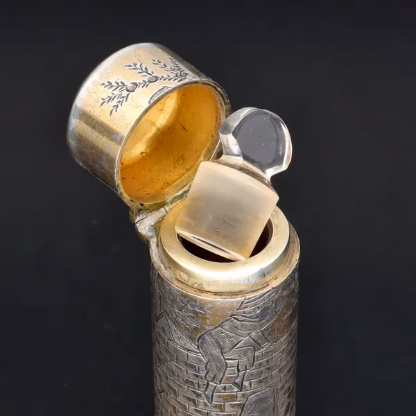 Victorian Silver Gilt Scent Bottle in the style of Kate Greenway