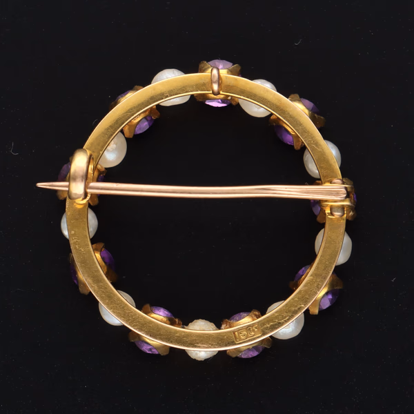 15ct Yellow Gold Antique Amethyst & Pearl Brooch
