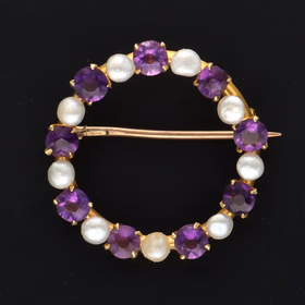 15ct Yellow Gold Antique Amethyst & Pearl Brooch