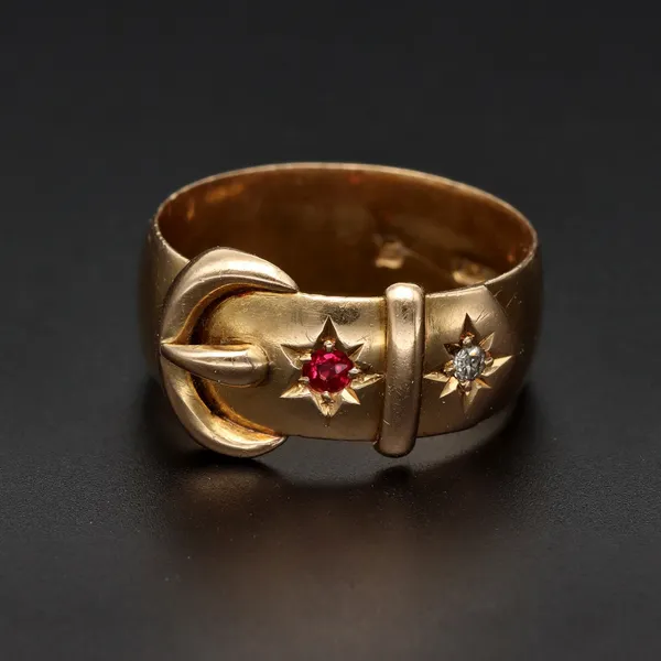 18ct Gold Diamond and Ruby Buckle Ring