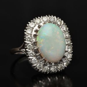 18ct Gold Large Opal Cabochon and Diamond Flowerhead Ring