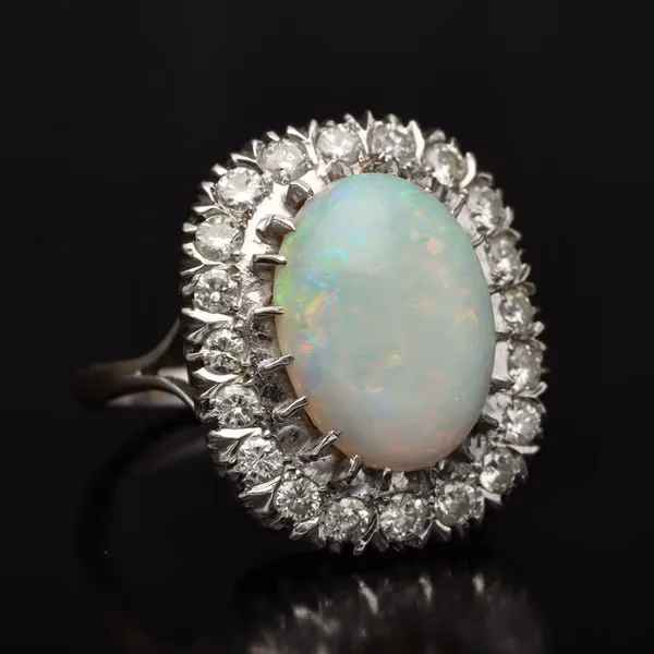 18ct Gold Large Opal Cabochon and Diamond Flowerhead Ring