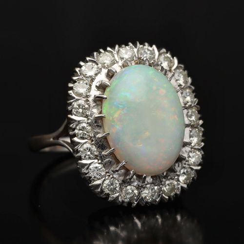 18ct Gold Large Opal Cabochon and Diamond Flowerhead Ring image-1