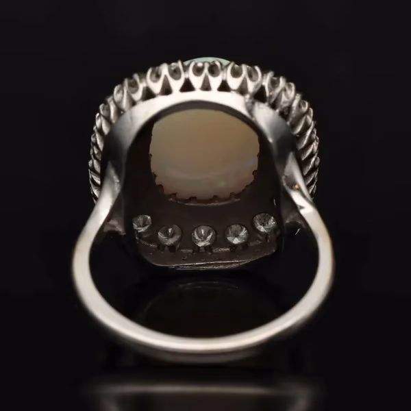 18ct Gold Large Opal Cabochon and Diamond Flowerhead Ring