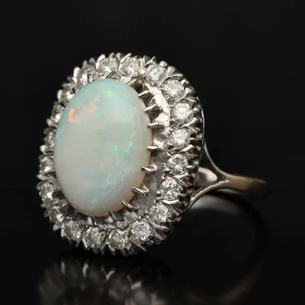 18ct Gold Large Opal Cabochon and Diamond Flowerhead Ring
