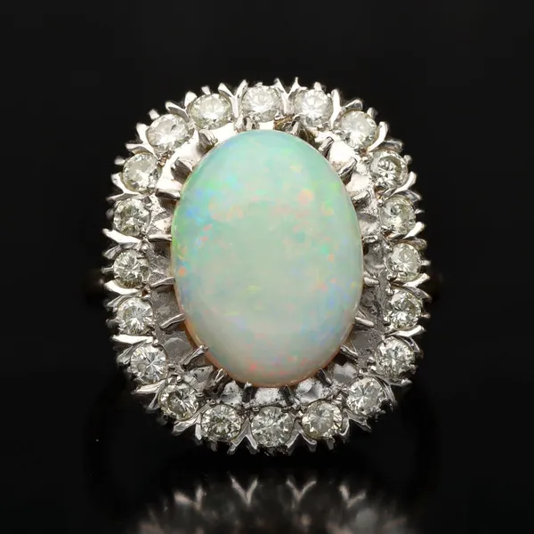 18ct Gold Large Opal Cabochon and Diamond Flowerhead Ring