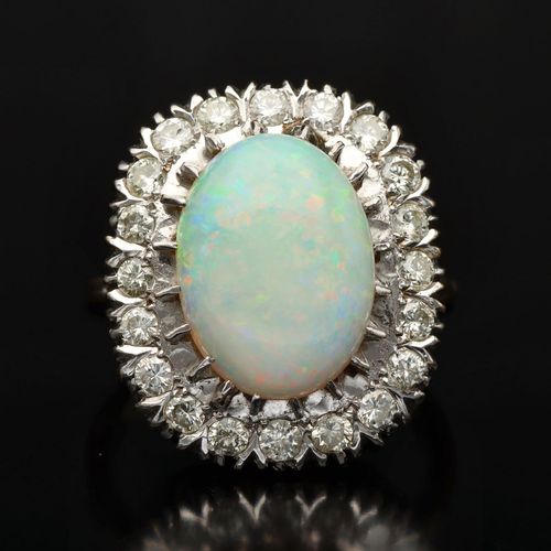 18ct Gold Large Opal Cabochon and Diamond Flowerhead Ring image-2