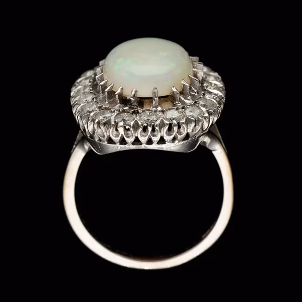 18ct Gold Large Opal Cabochon and Diamond Flowerhead Ring