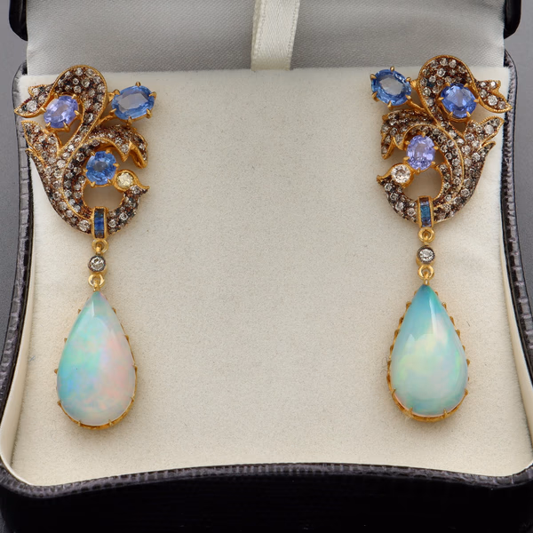 Sapphire, Diamond & Opal Earrings
