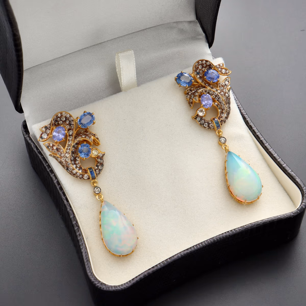 Sapphire, Diamond & Opal Earrings
