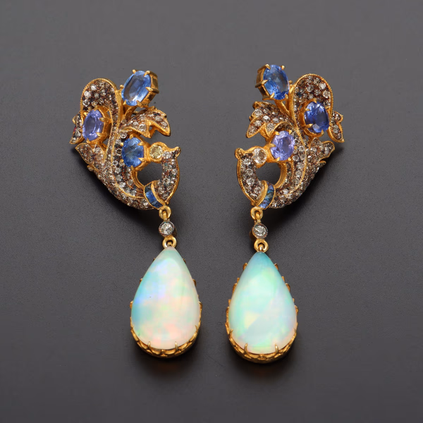 Sapphire, Diamond & Opal Earrings