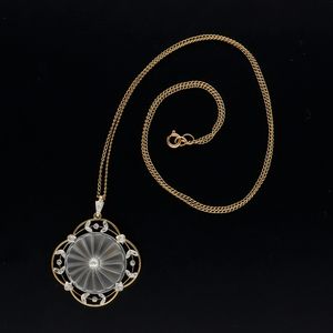 Art Nouveau 9ct Gold Glass and Diamond Pendant