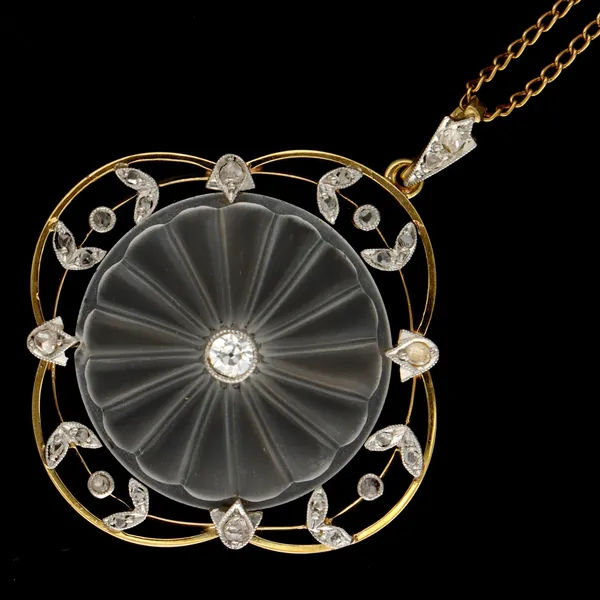 Art Nouveau 9ct Gold Glass and Diamond Pendant