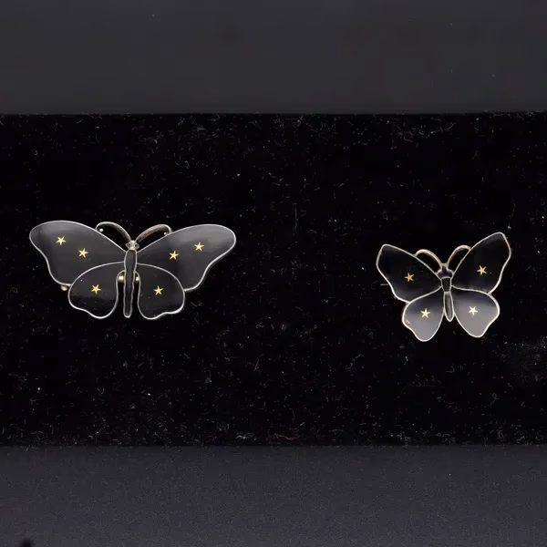 Matched Set Of Silver Gilt & Black Enamel Butterfly Brooches