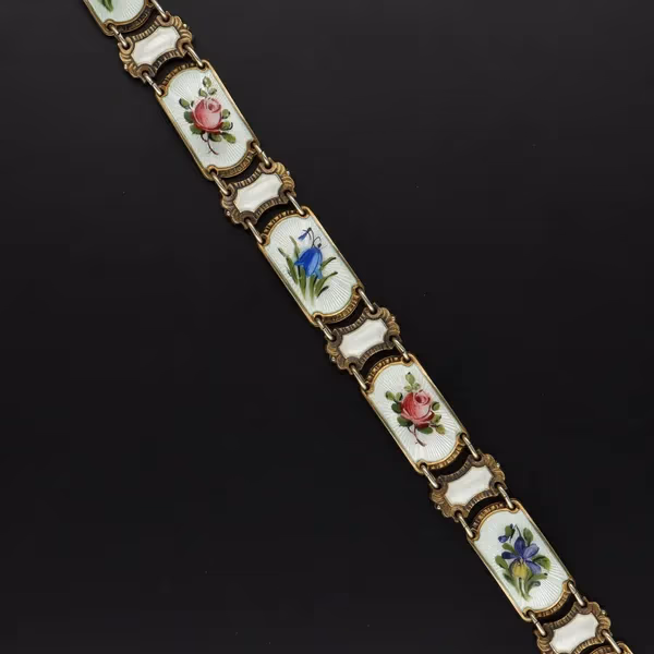 Norwegian Vermeil Sterling Silver and Hand Painted Floral Guilloche Enamel Bracelet