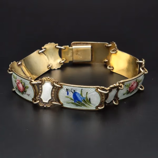 Norwegian Vermeil Sterling Silver and Hand Painted Floral Guilloche Enamel Bracelet