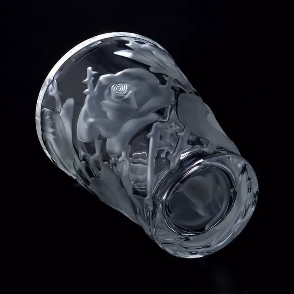 Lalique Ispahan Rose Pattern Vase with Original Box