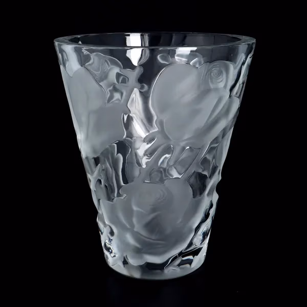 Lalique Ispahan Rose Pattern Vase with Original Box