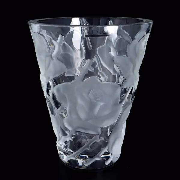 Lalique Ispahan Rose Pattern Vase with Original Box