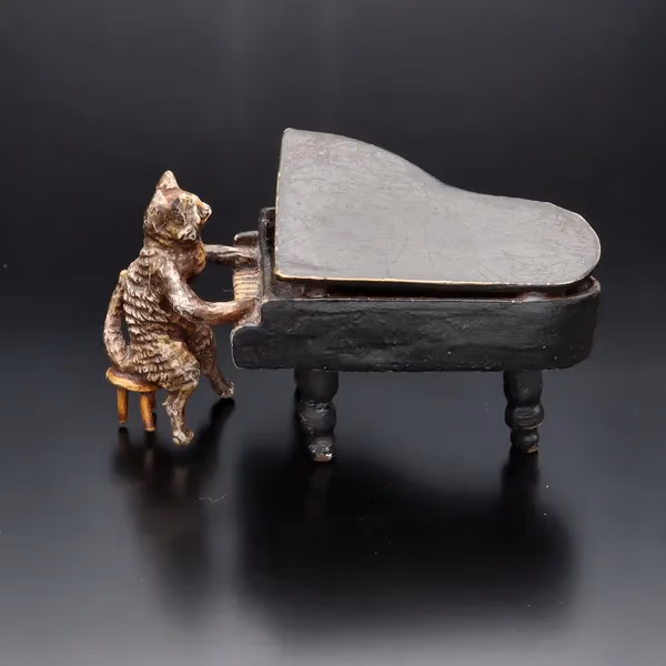 Early 20th Century Austrian Cold Painted Bronze of a Piano Cat