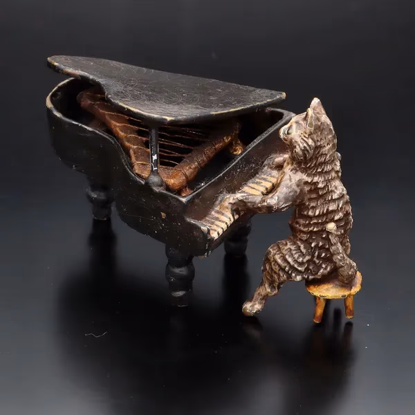 Early 20th Century Austrian Cold Painted Bronze of a Piano Cat