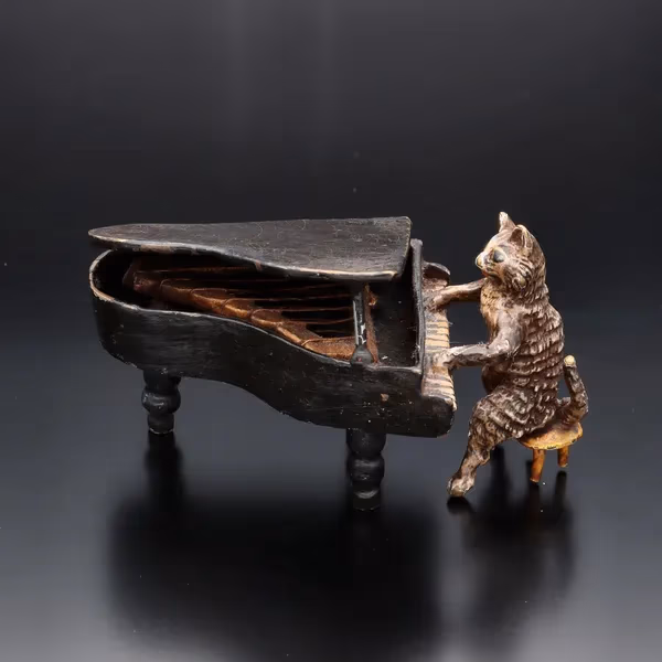 Early 20th Century Austrian Cold Painted Bronze of a Piano Cat