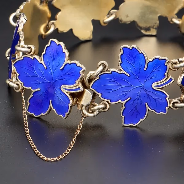 Mid Century Danish Sterling Silver & Enamel Maple Leaf Bracelet
